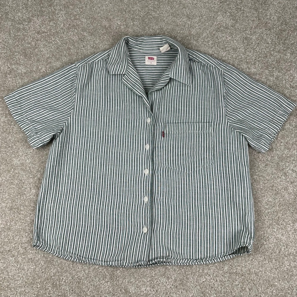 Levis Green White Striped Short Sleeve Button Down Shirt Linen Blend Small Boho